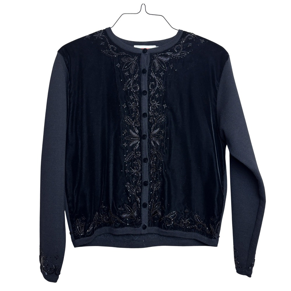 90s Talbots Black Velvet Beaded Embellished‎ Cardigan Sweater Womens M Glam Chic